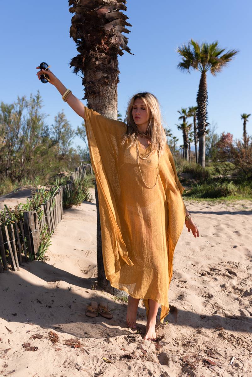 Kaftan long gaz de coton ocre