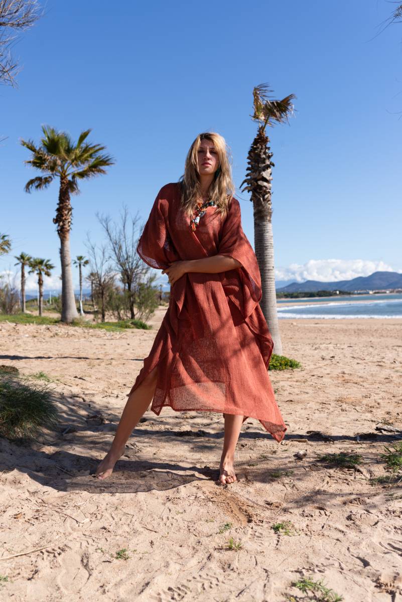 Kaftan long gaz de coton ocre