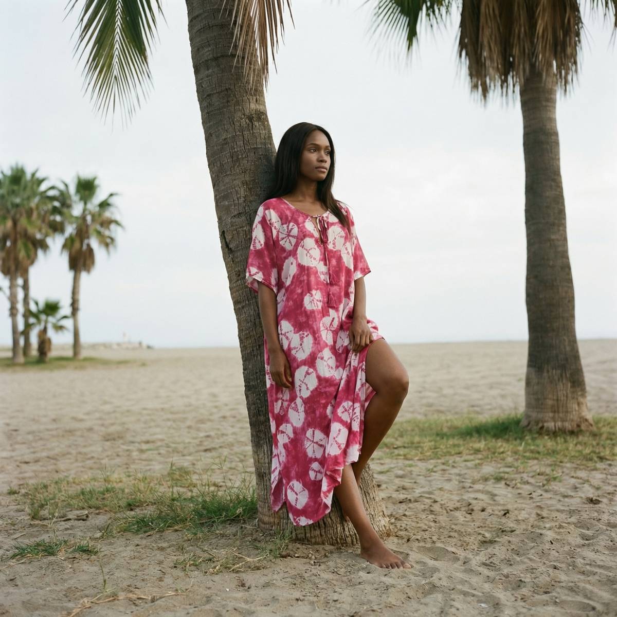 kaftan long voile de coton framboise